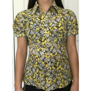 100% Silk Badgley Mischka Yellow Gray 729 Floral Women Blouse Size Petites 2 NWT